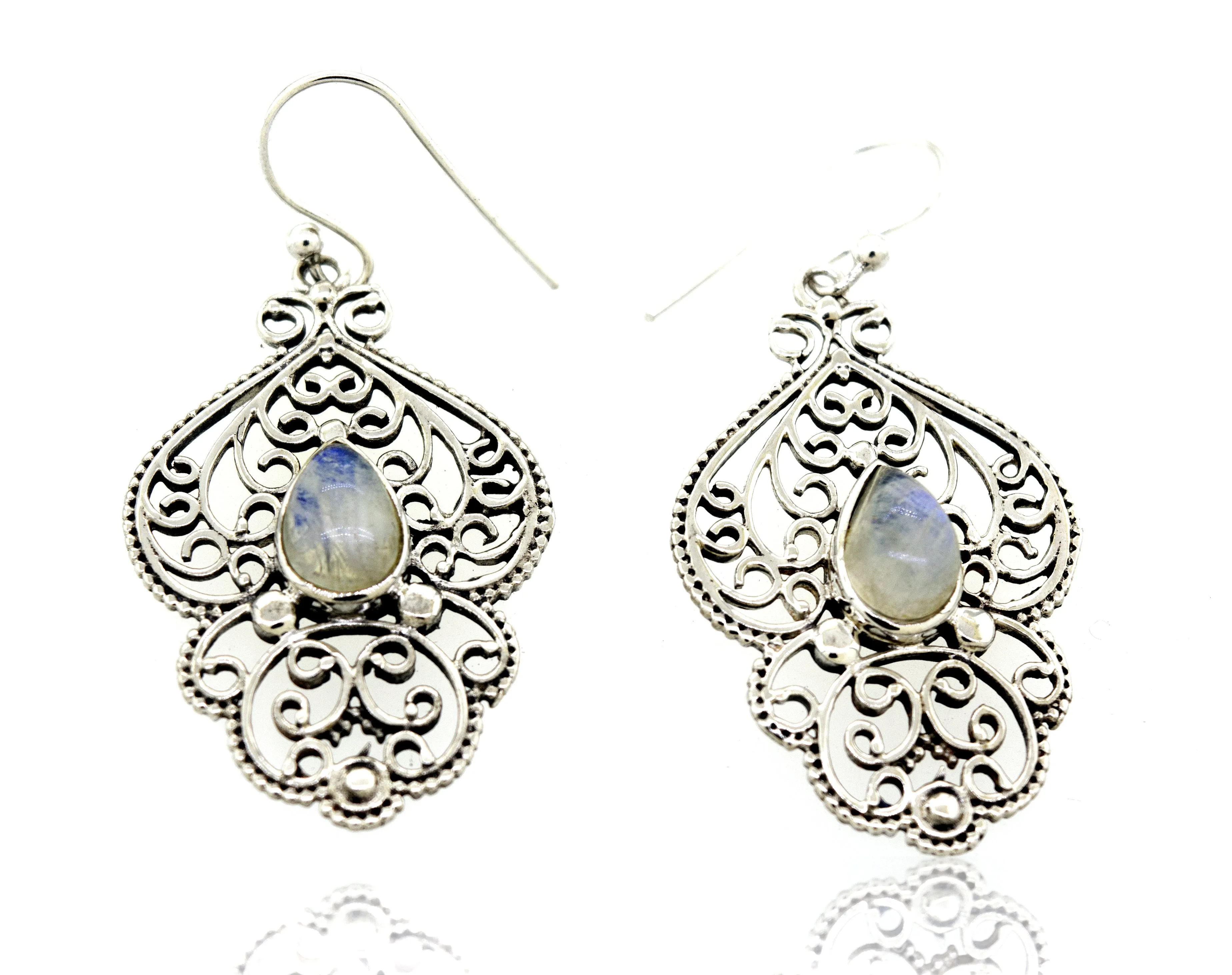 Teardrop Moonstone Earrings With Freestyle Silver Design