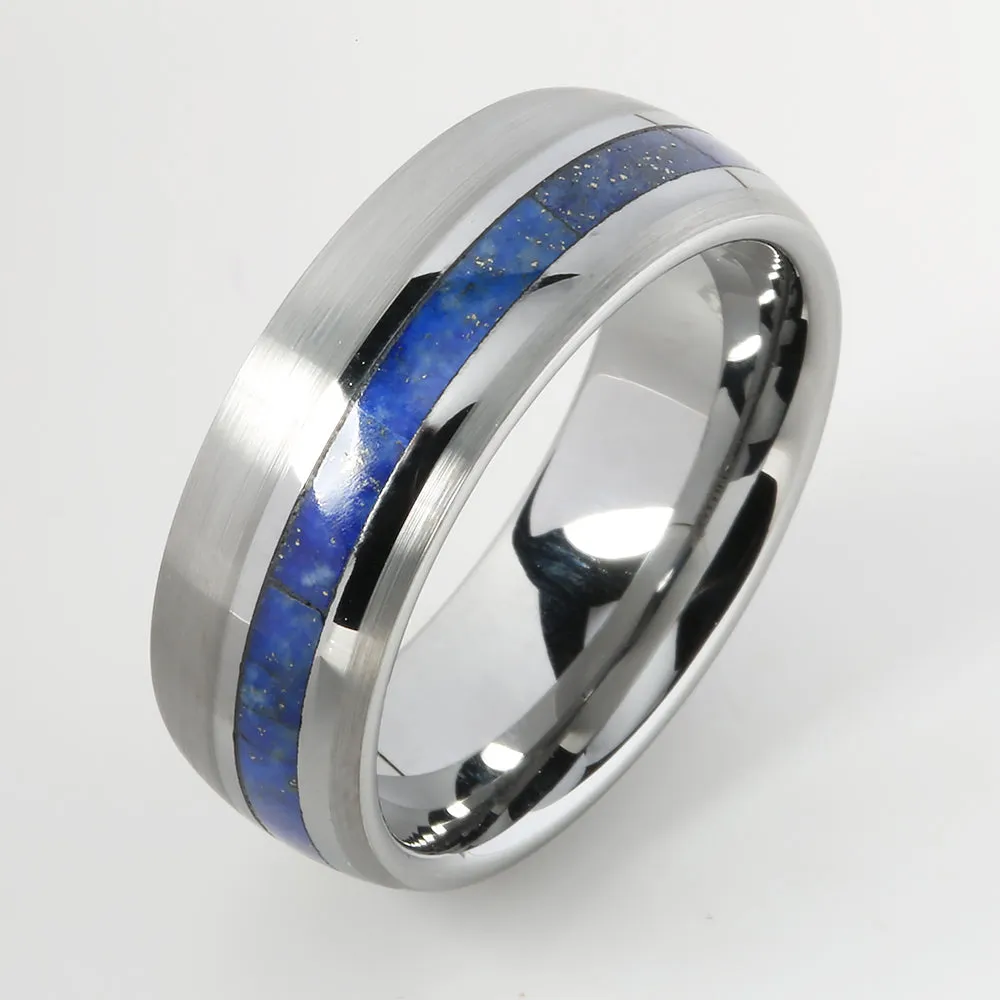 Tungsten Lapis Lazuli Inlaid Oval Brushed Wedding Ring 8mm