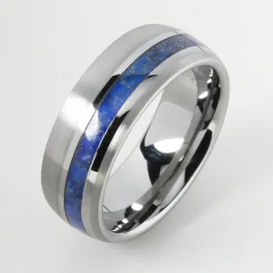 Tungsten Lapis Lazuli Inlaid Oval Brushed Wedding Ring 8mm