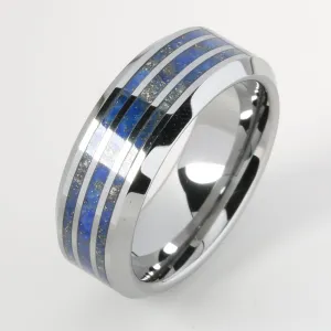 Tungsten Lapis Lazuli Inlaid Triple Row Beveled Edge Wedding Ring 8mm