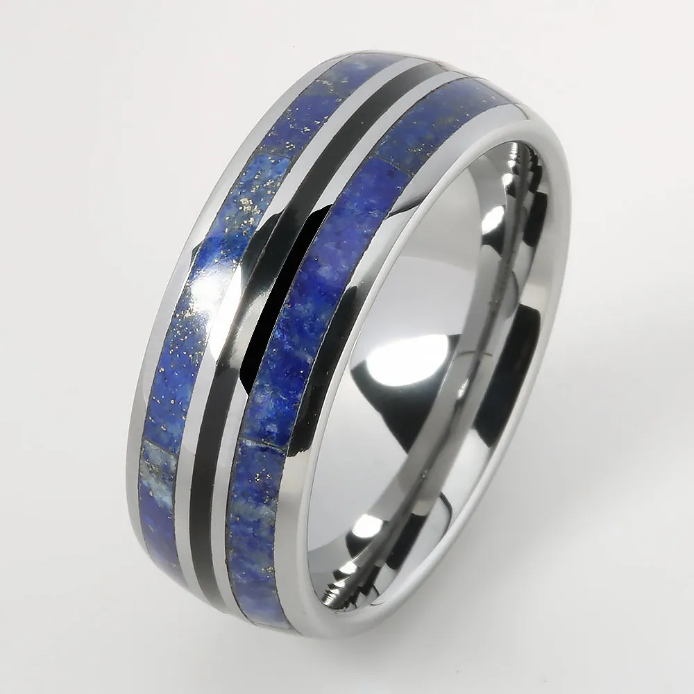Tungsten Lapis Lazuli Inlaid Triple Row Oval Wedding Ring 8mm
