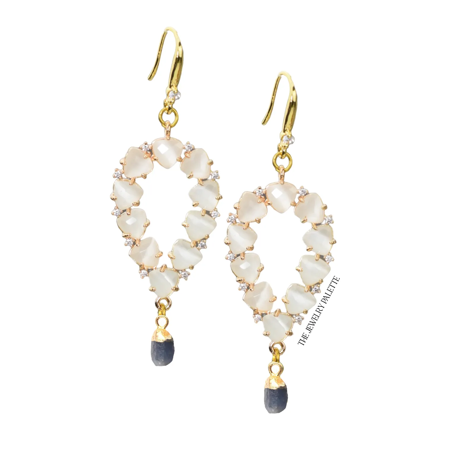 Yara white stones with gold edged moonstone drop earrings