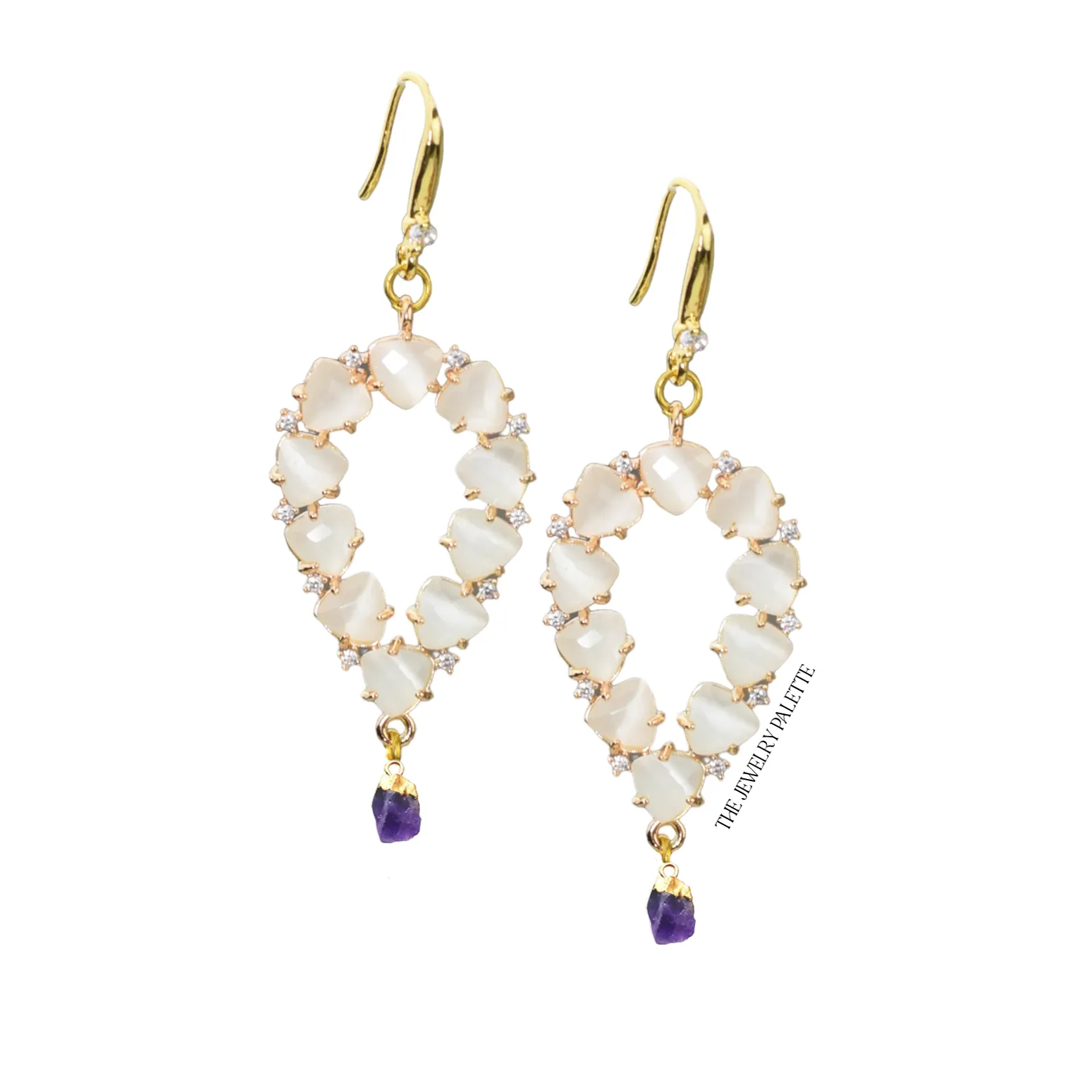 Yara white stones with gold edged moonstone drop earrings
