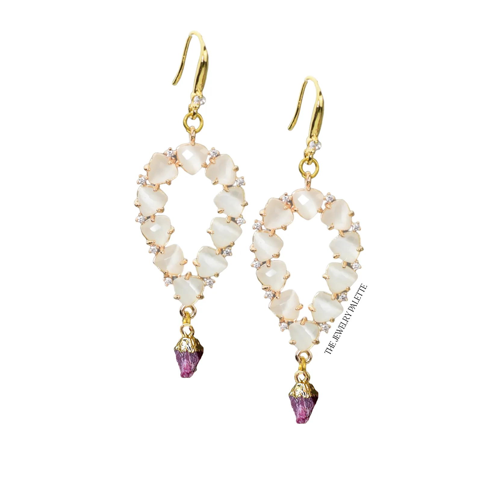 Yara white stones with gold edged moonstone drop earrings