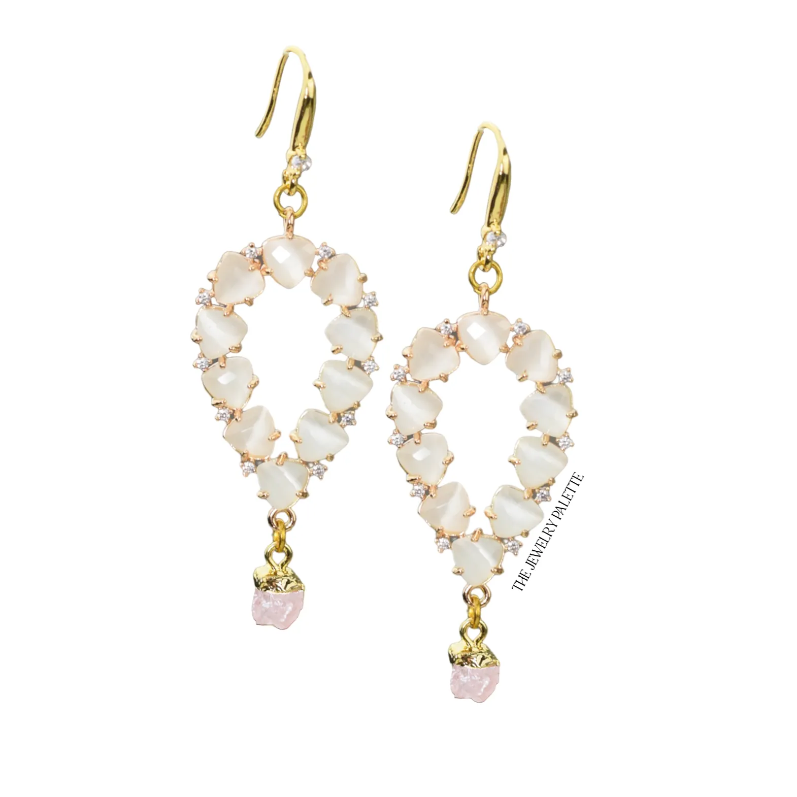 Yara white stones with gold edged moonstone drop earrings