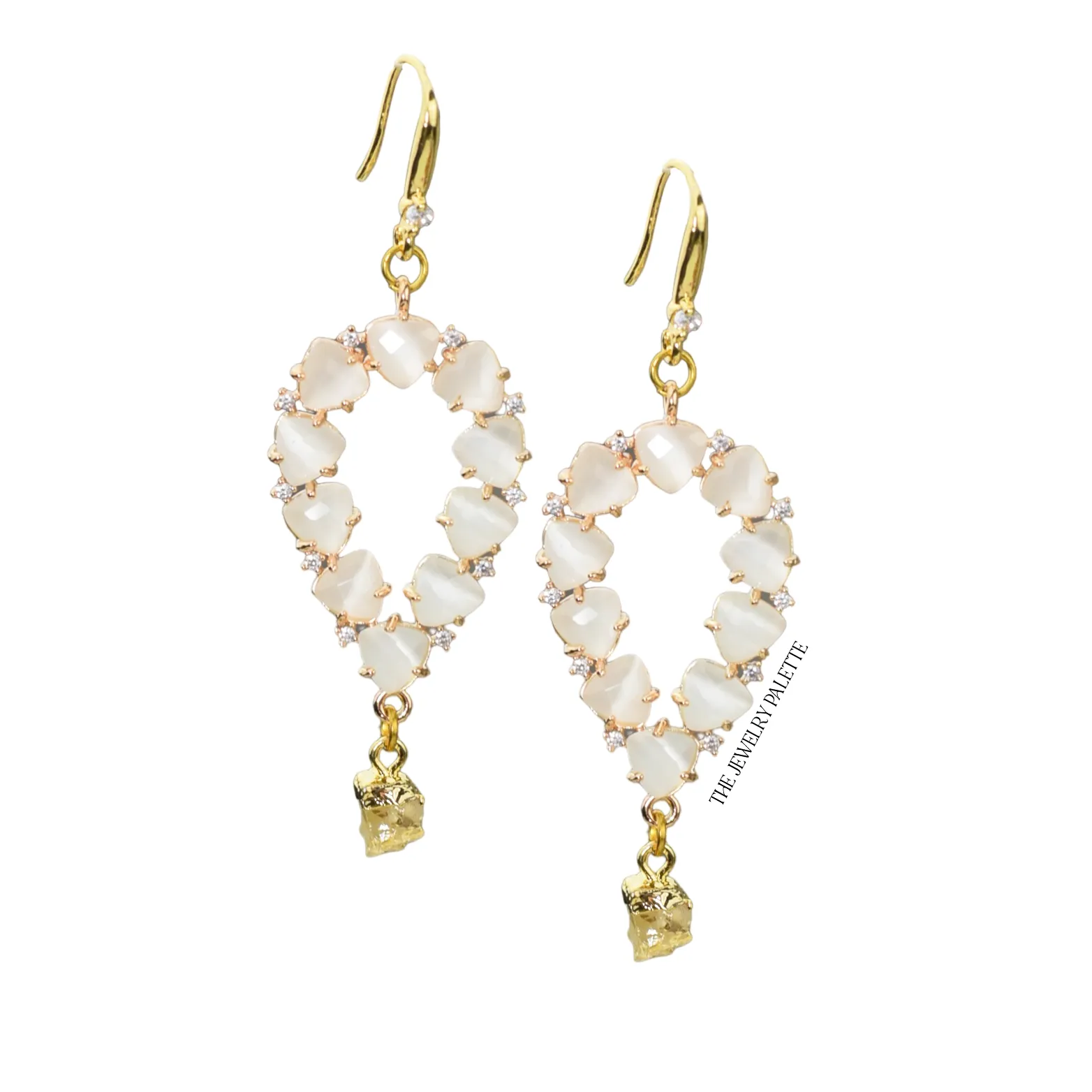 Yara white stones with gold edged moonstone drop earrings