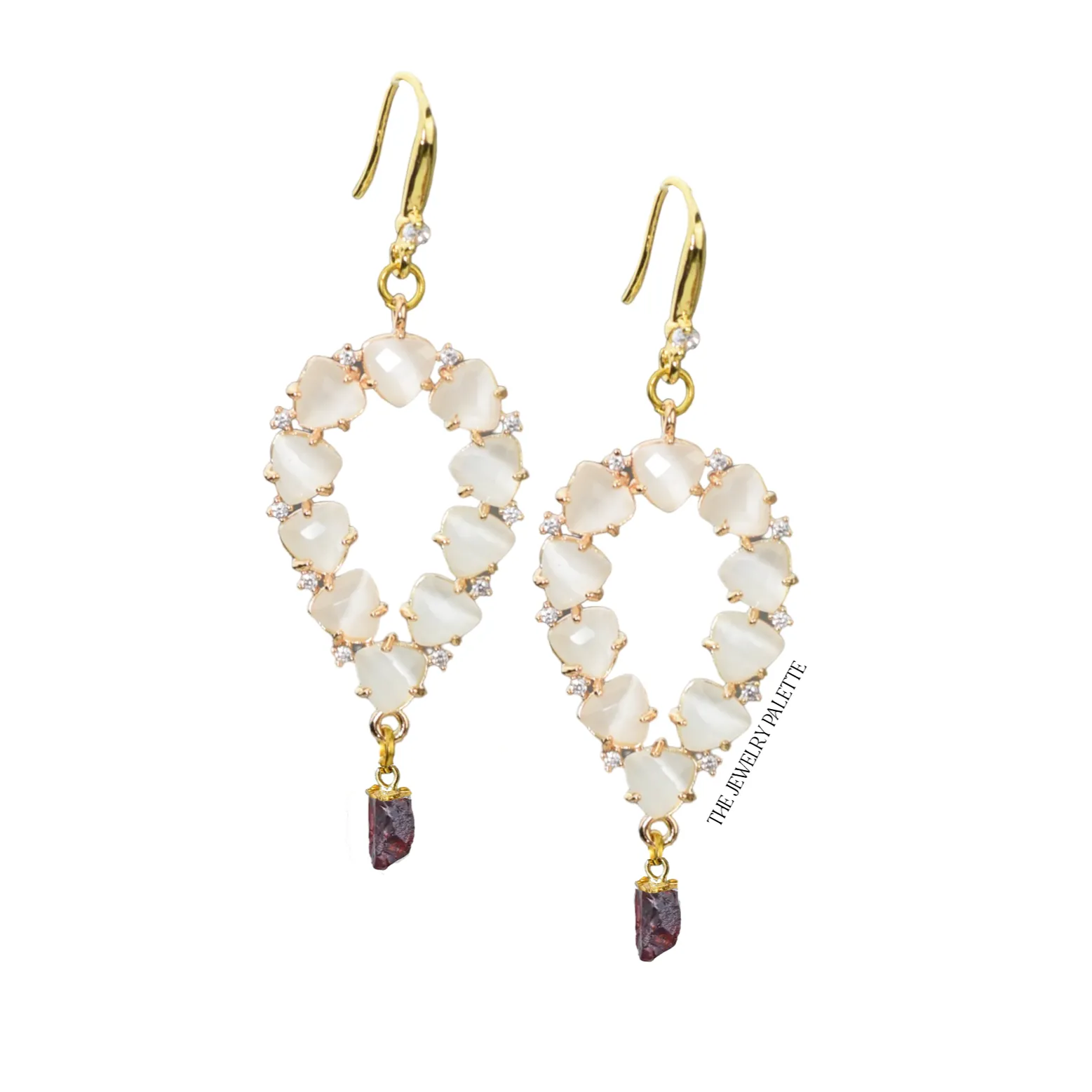 Yara white stones with gold edged moonstone drop earrings