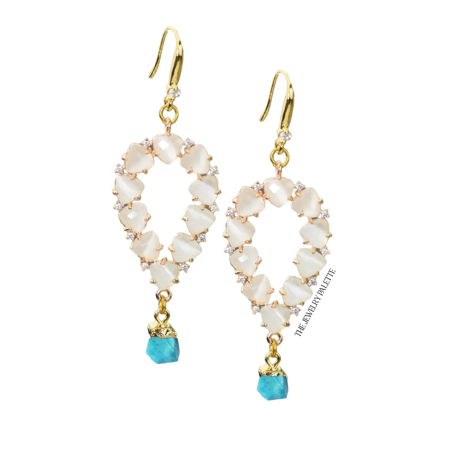 Yara white stones with gold edged moonstone drop earrings