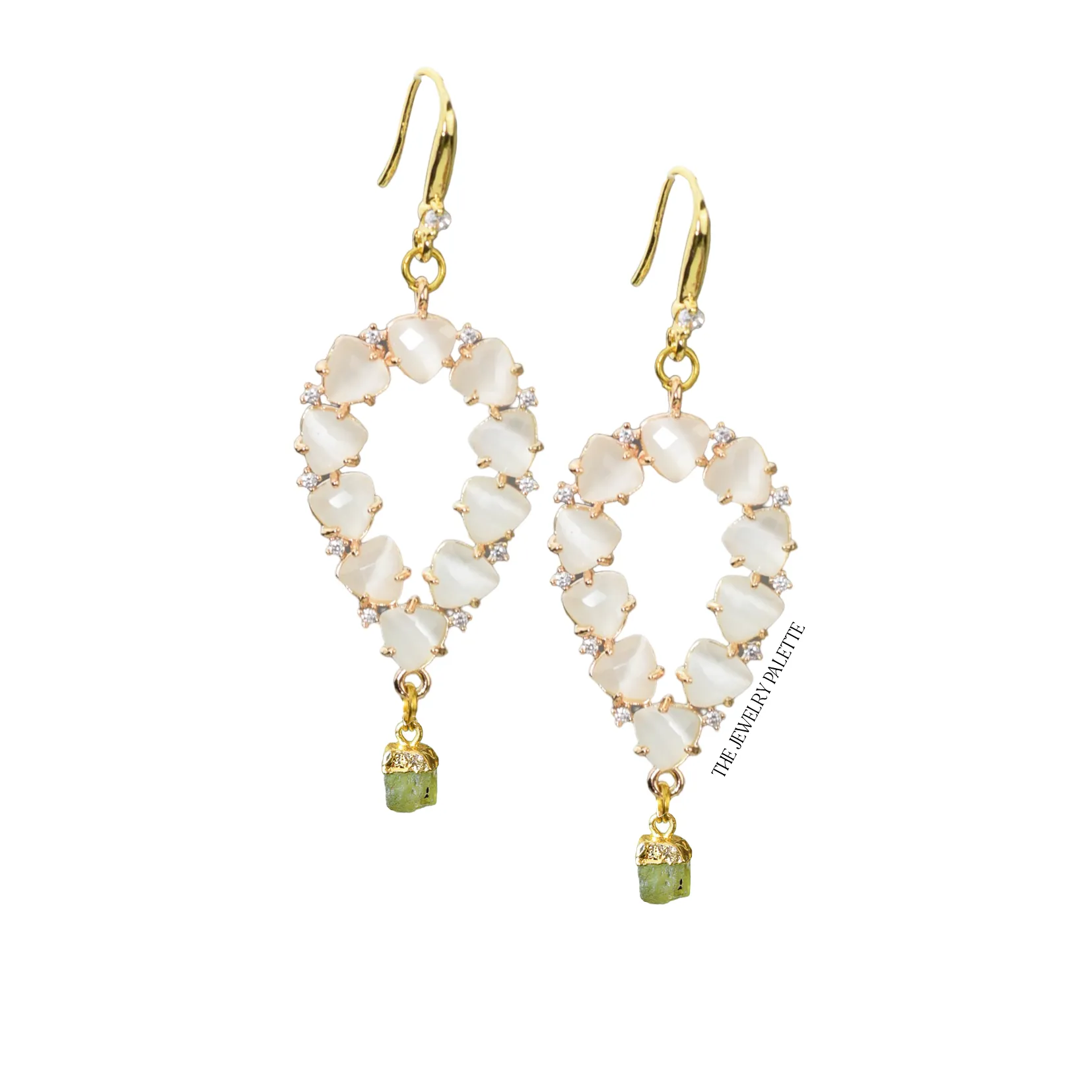 Yara white stones with gold edged moonstone drop earrings