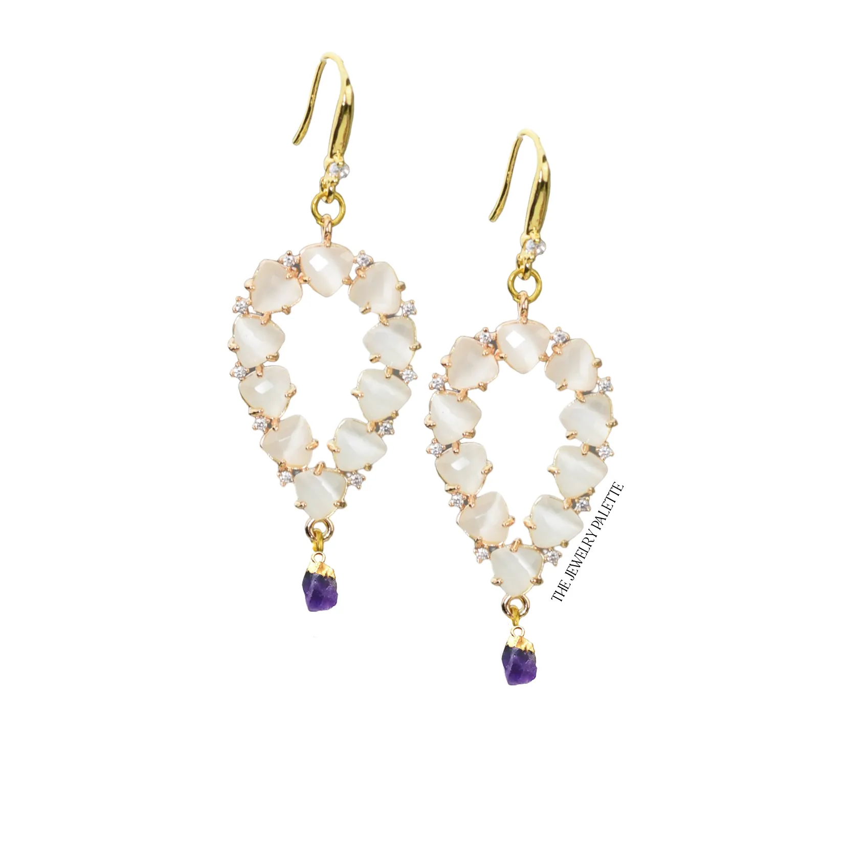 Yara white stones with gold edged moonstone drop earrings