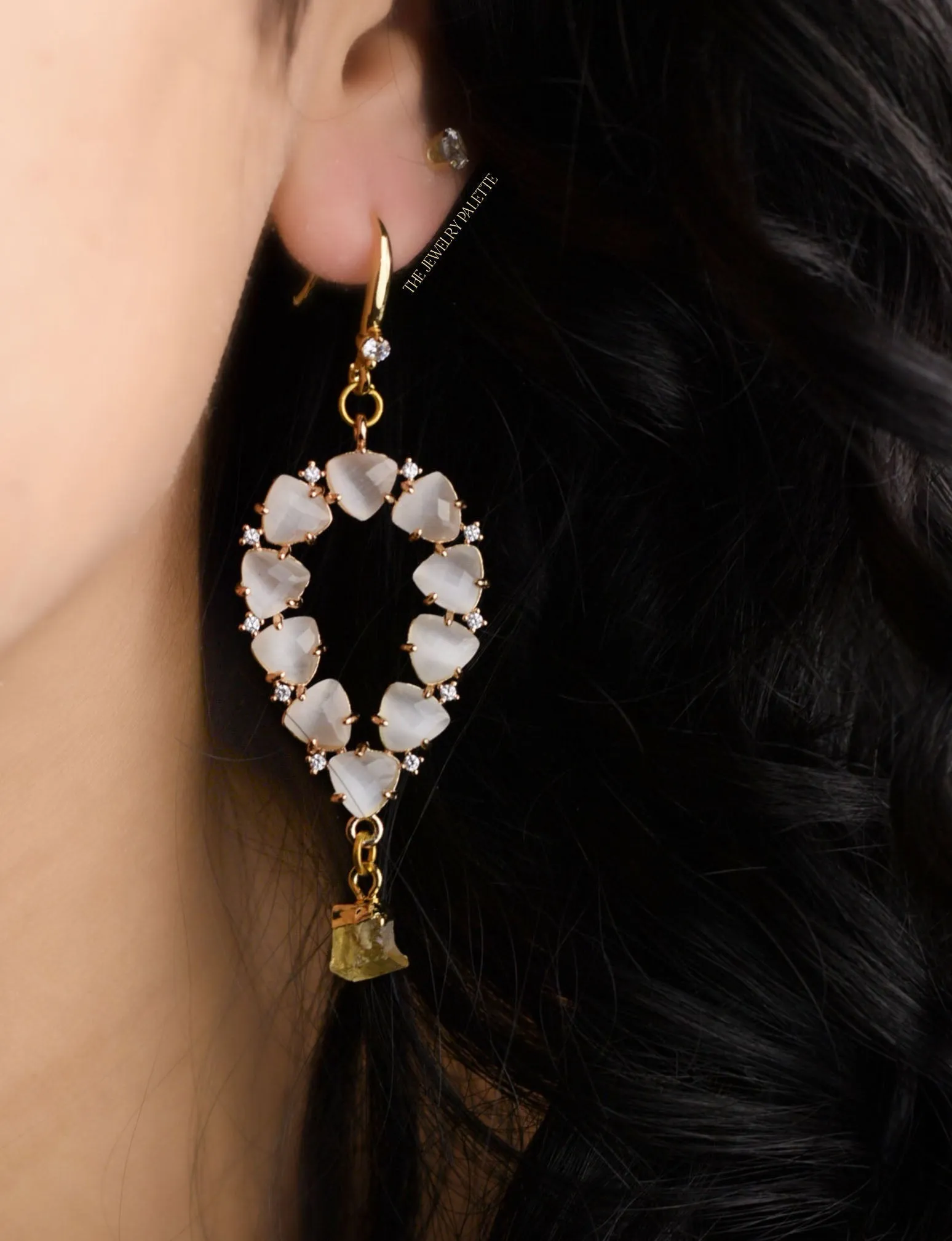 Yara white stones with gold edged moonstone drop earrings
