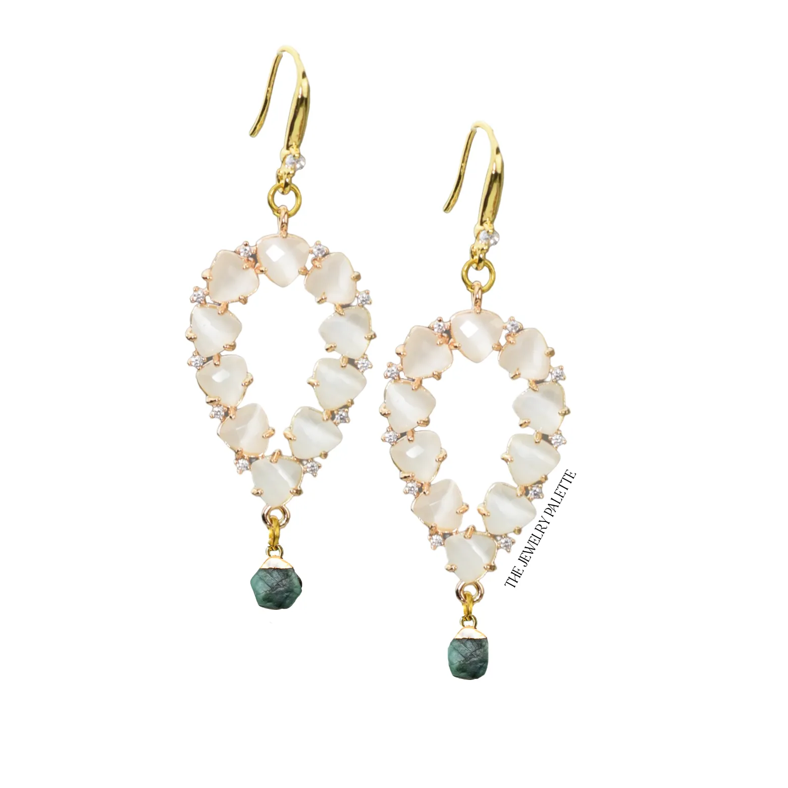 Yara white stones with gold edged moonstone drop earrings